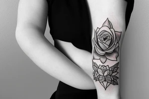 one rose, one lotus, oneiris and a violet together blooming tattoo idea