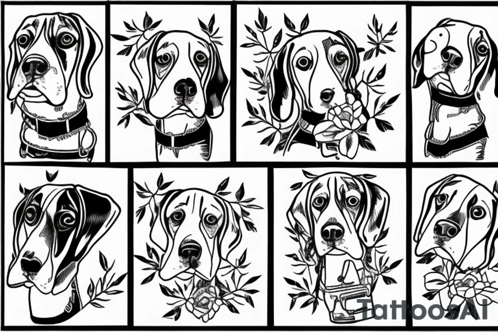 Beagle from the back looking out of a window tattoo idea