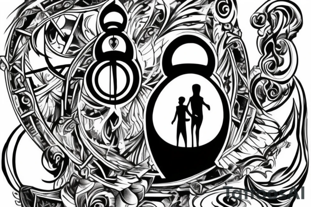 Broken hourglass with a staircase wrapped around it and a silhouette walking up the stairs toward Death, who is walking down the stairs. tattoo idea