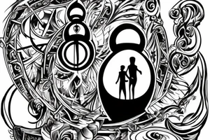 Broken hourglass with a staircase wrapped around it and a silhouette walking up the stairs toward Death, who is walking down the stairs. tattoo idea