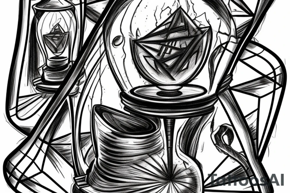 Broken hourglass with a staircase wrapped around it and a silhouette walking up the stairs toward Death, who is walking down the stairs. tattoo idea