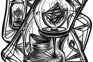 Broken hourglass with a staircase wrapped around it and a silhouette walking up the stairs toward Death, who is walking down the stairs. tattoo idea
