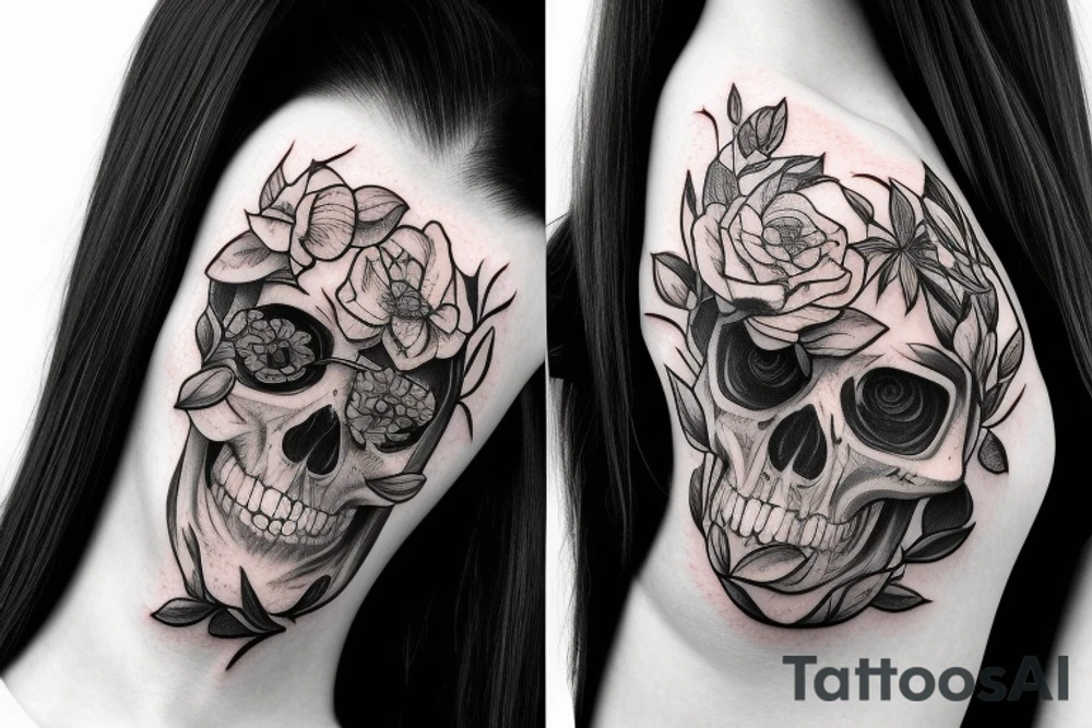 Detailed half skull and half girl face with plants and nature around it tattoo idea