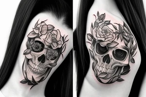 Detailed half skull and half girl face with plants and nature around it tattoo idea