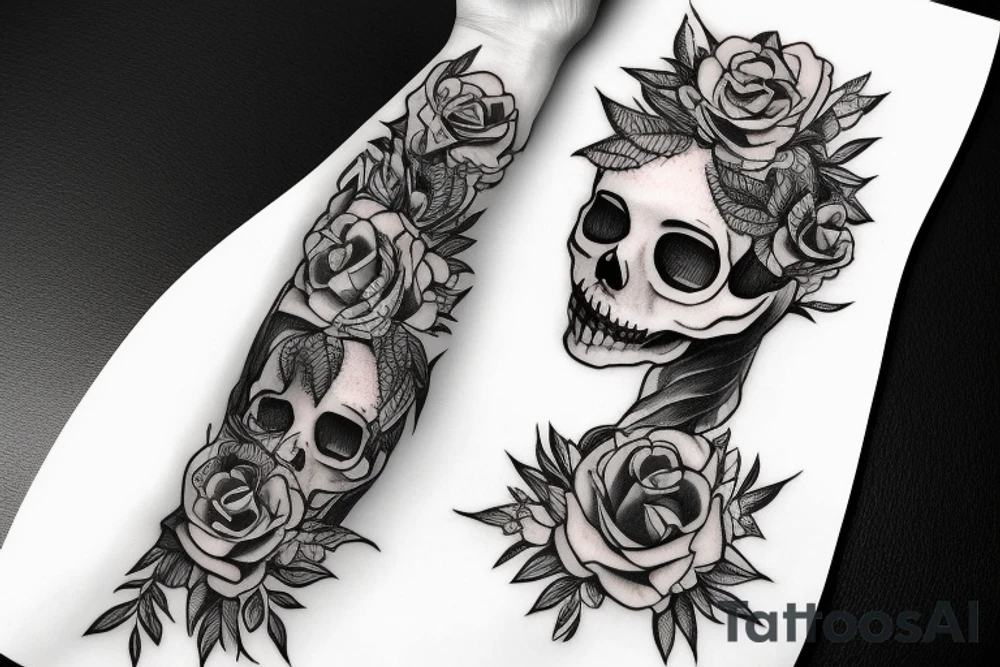 Detailed half skull and half girl face with plants and nature around it tattoo idea