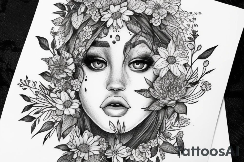 Detailed girl face with plants and nature around it tattoo idea
