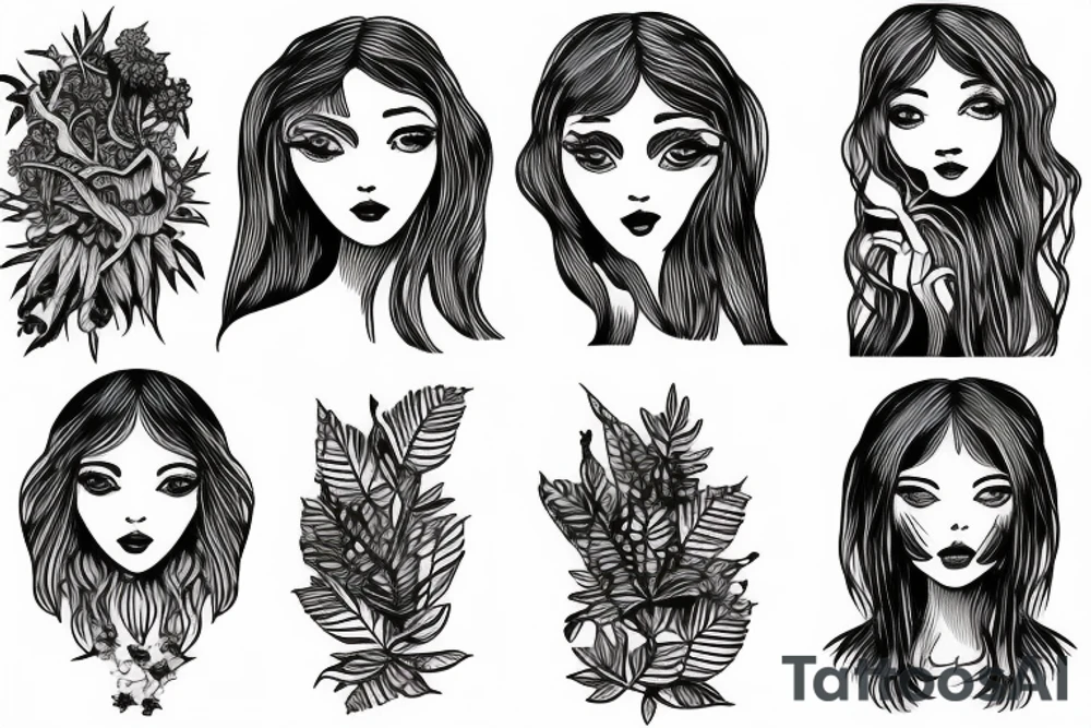 Detailed girl face with plants and nature around it tattoo idea