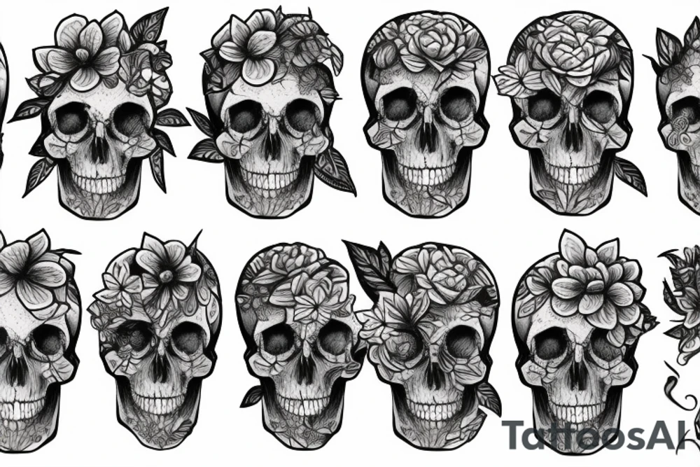 Detailed face which half is a skull and the other half a woman with plants and nature around it tattoo idea