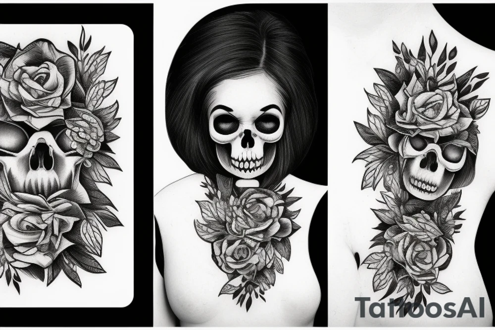 Detailed face which half is a skull and the other half a woman with plants and nature around it tattoo idea