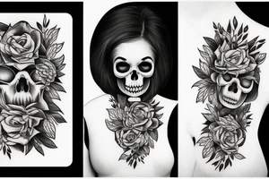 Detailed face which half is a skull and the other half a woman with plants and nature around it tattoo idea
