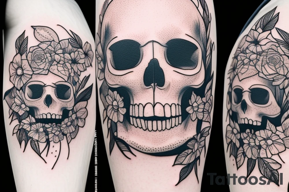 Detailed face in which the one side is a skull and the other side is a woman 
with plants and nature around it tattoo idea
