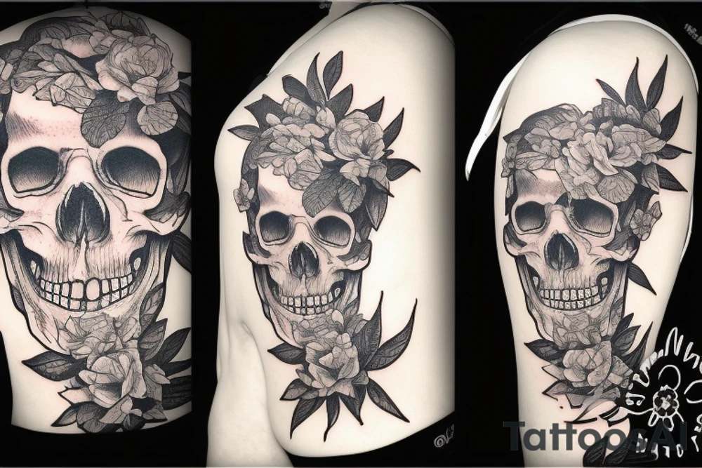 Detailed face in which the one side is a skull and the other side is a woman 
with plants and nature around it tattoo idea