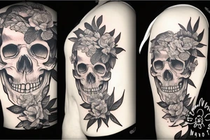 Detailed face in which the one side is a skull and the other side is a woman 
with plants and nature around it tattoo idea