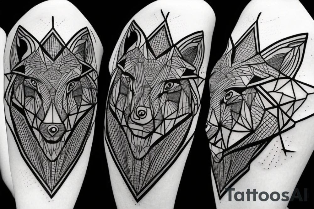 geometric wolf with geometric musical g-clef element, geometric lines tattoo idea