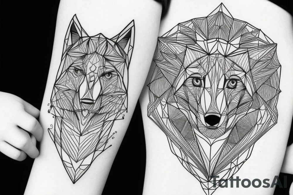 geometric wolf with geometric musical g-clef element, geometric lines tattoo idea