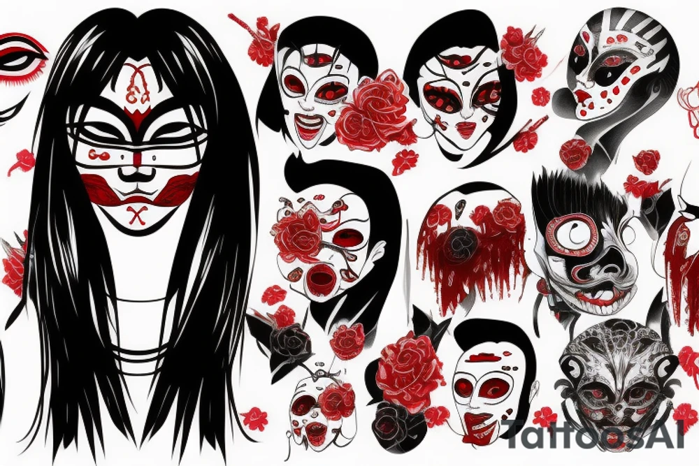 Japanese woman mask, blood, eyes, painted in red and black tattoo idea
