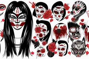 Japanese woman mask, blood, eyes, painted in red and black tattoo idea