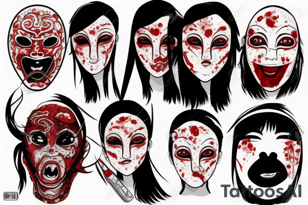 Japanese woman mask, blood, eyes, painted in red and black tattoo idea