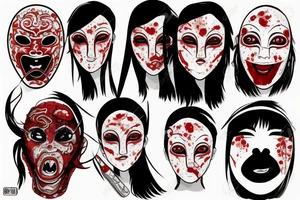 Japanese woman mask, blood, eyes, painted in red and black tattoo idea