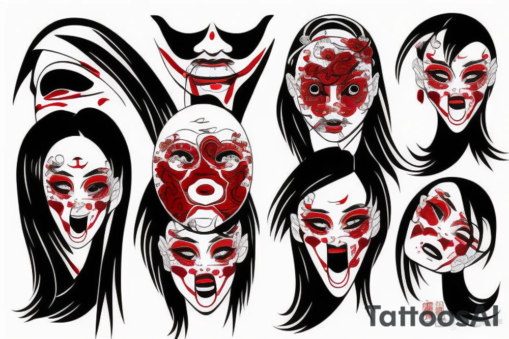 Japanese woman mask, blood, eyes, painted in red and black tattoo idea