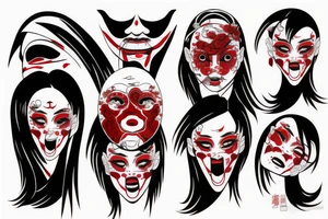 Japanese woman mask, blood, eyes, painted in red and black tattoo idea