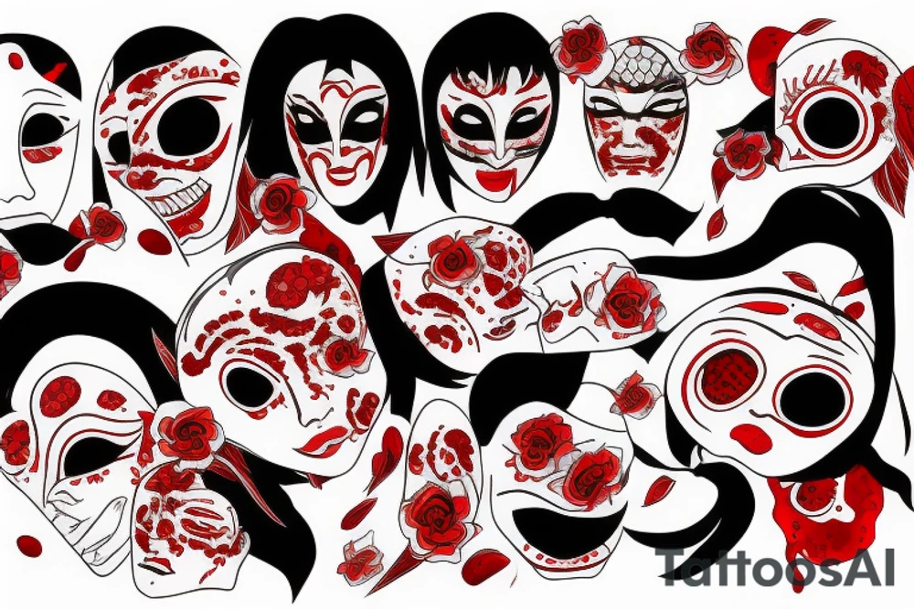 Japanese woman mask, blood, eyes, painted in red and black tattoo idea