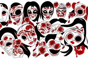 Japanese woman mask, blood, eyes, painted in red and black tattoo idea