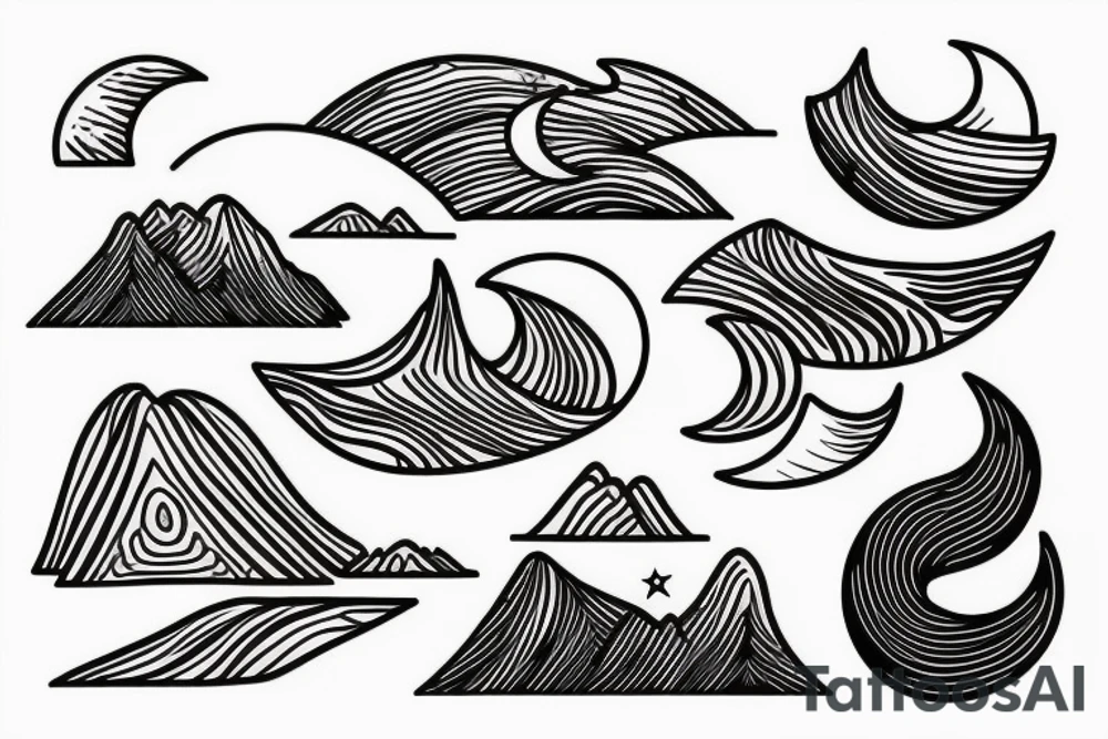 A line  in the middle seperating a  moutain with a sunset on one side and one the other side of the line a wave with a crescent moon tattoo idea