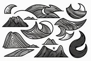 A line  in the middle seperating a  moutain with a sunset on one side and one the other side of the line a wave with a crescent moon tattoo idea