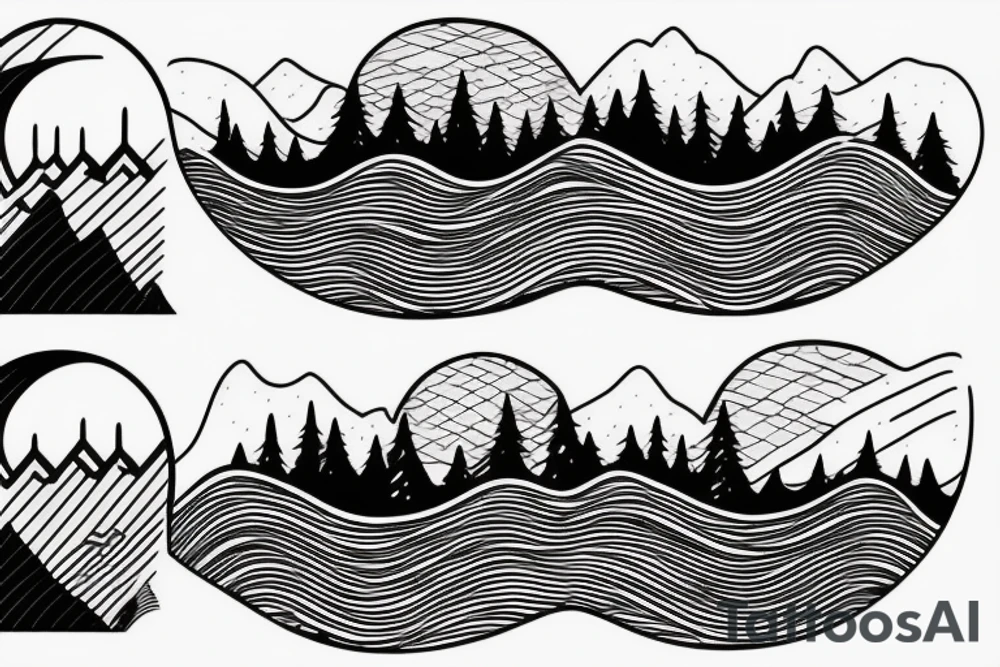A line  in the middle seperating a  moutain with a sunset on one side and one the other side of the line a wave with a crescent moon tattoo idea