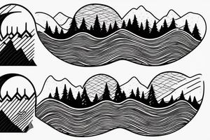 A line  in the middle seperating a  moutain with a sunset on one side and one the other side of the line a wave with a crescent moon tattoo idea