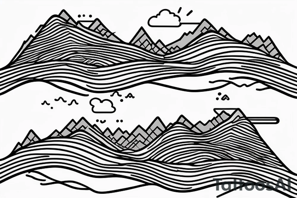 A line  in the middle seperating a  moutain with a sunset on one side and one the other side of the line a wave with a crescent moon tattoo idea