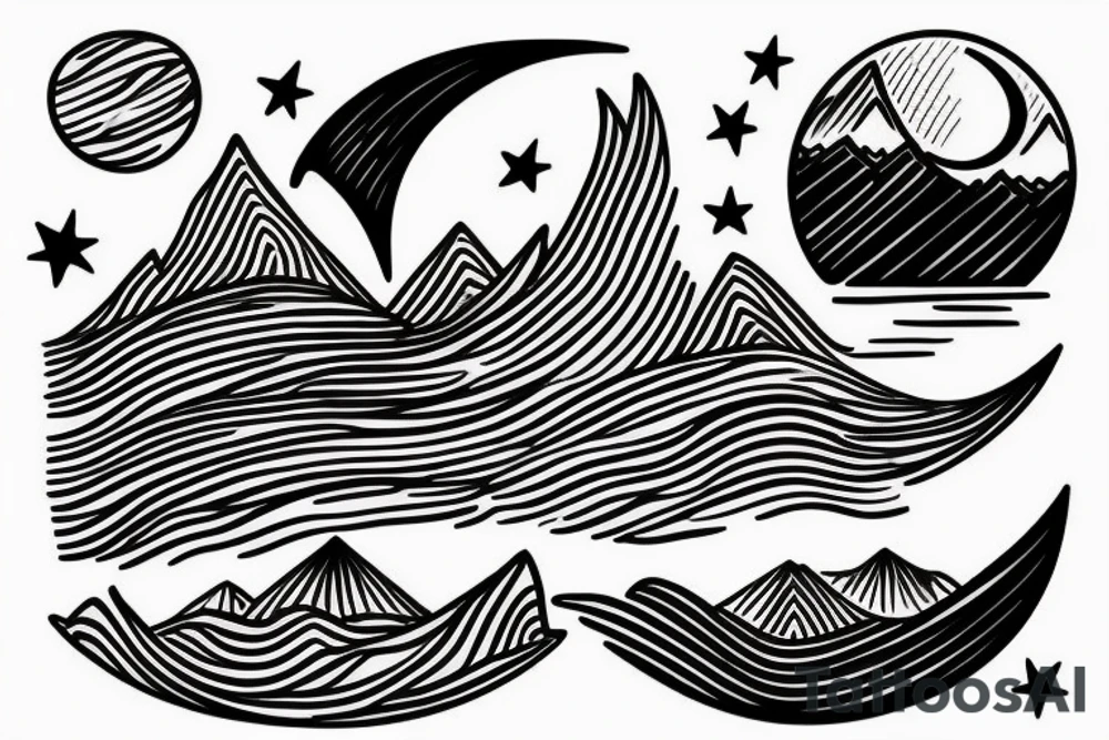 seperating a  moutain with a sunset on one side and one the other side of the line a wave with a crescent moon tattoo idea