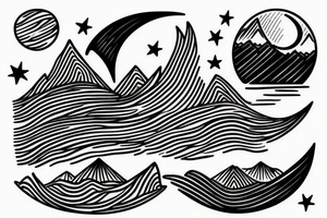 seperating a  moutain with a sunset on one side and one the other side of the line a wave with a crescent moon tattoo idea