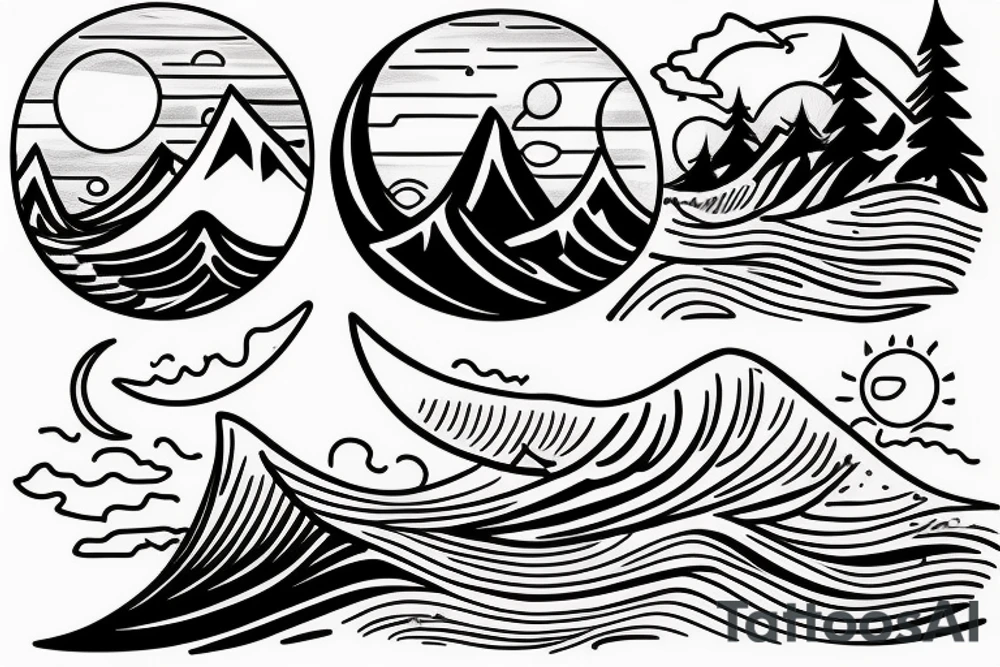 seperating a  moutain with a sunset on one side and one the other side of the line a wave with a crescent moon tattoo idea