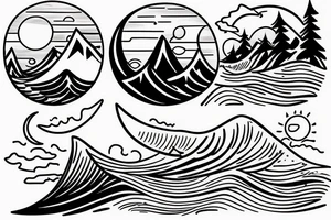 seperating a  moutain with a sunset on one side and one the other side of the line a wave with a crescent moon tattoo idea