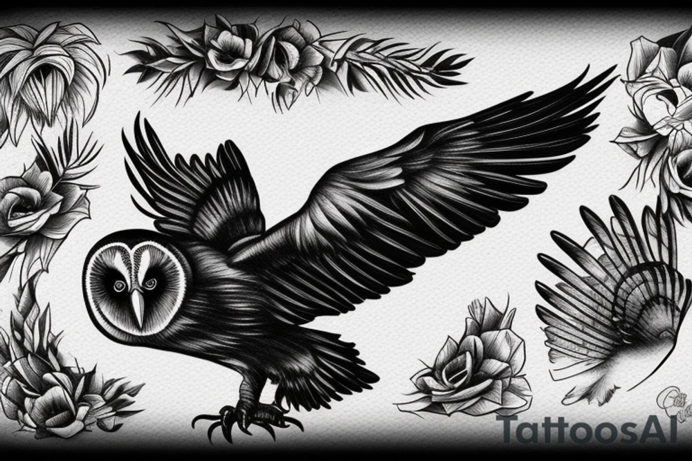 Black Raven with a Barn white owl tattoo idea