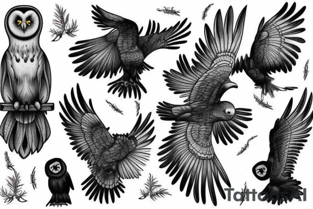 Black Raven with a Barn white owl tattoo idea