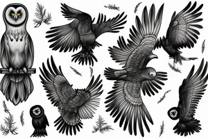 Black Raven with a Barn white owl tattoo idea