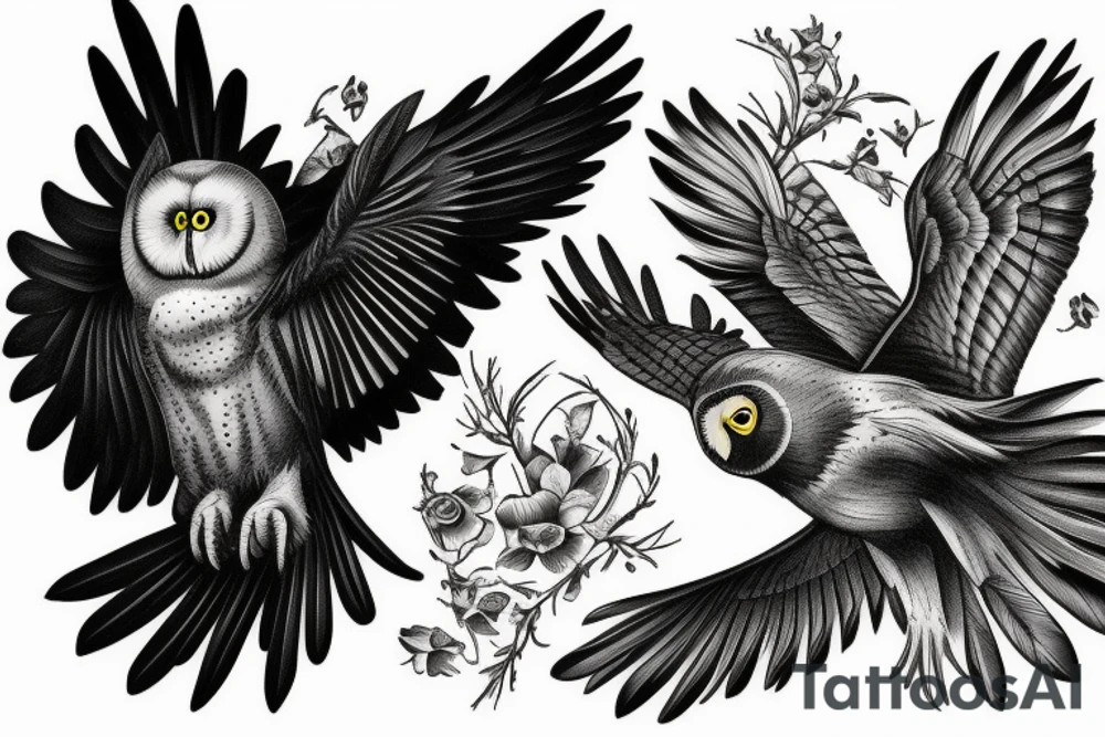 Black Raven with a Barn white owl tattoo idea