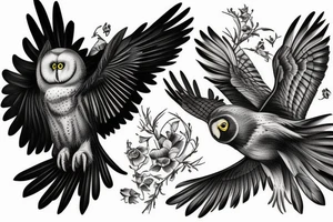 Black Raven with a Barn white owl tattoo idea