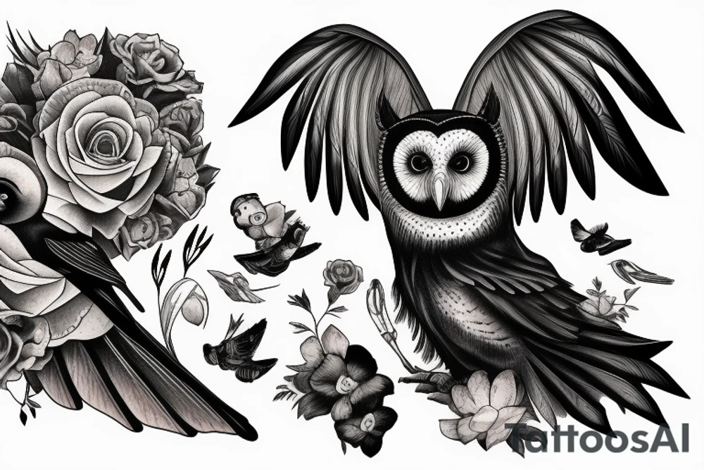 Black crow and Barn white owl tattoo idea