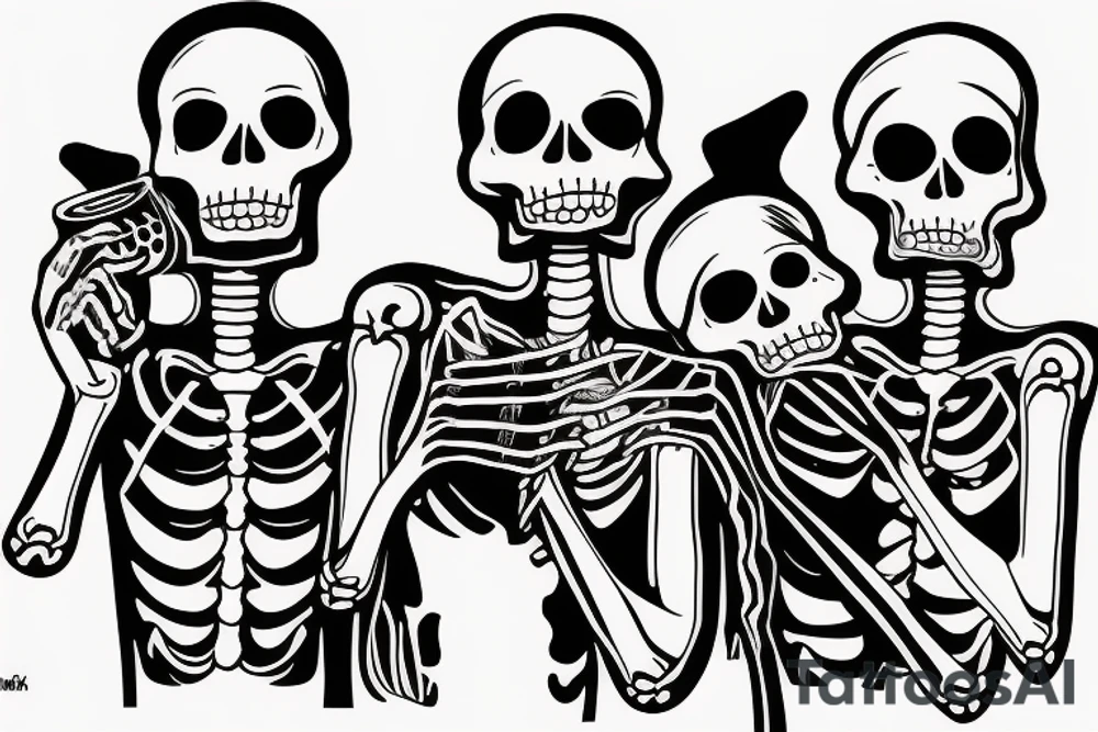 Three skeletons drinking alcohol together tattoo idea
