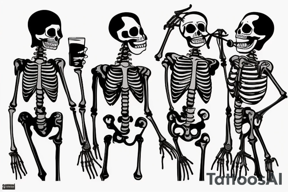 Three skeletons drinking alcohol together tattoo idea