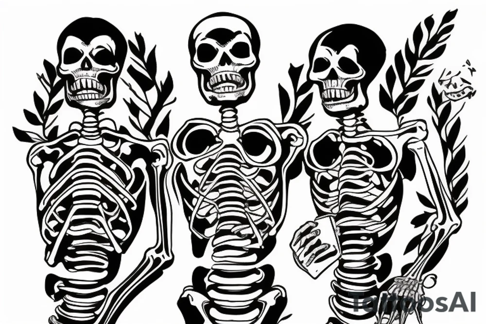 Three skeletons holding beer bottles tattoo idea