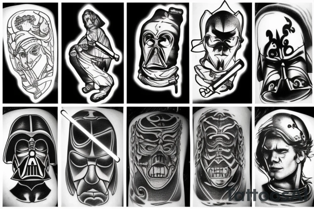 3 phase vertical tatto, using a fired up lightsaber, lightsaber off and disasembled lightsaber tattoo idea