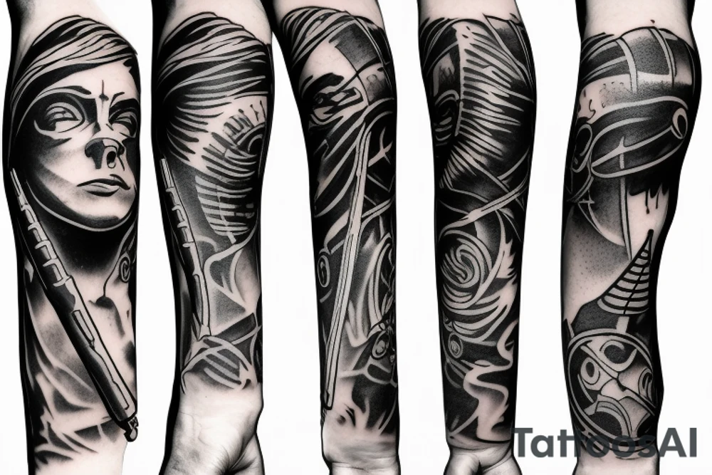 3 phase vertical tatto, using a fired up lightsaber, lightsaber off and disasembled lightsaber tattoo idea