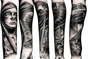 3 phase vertical tatto, using a fired up lightsaber, lightsaber off and disasembled lightsaber tattoo idea