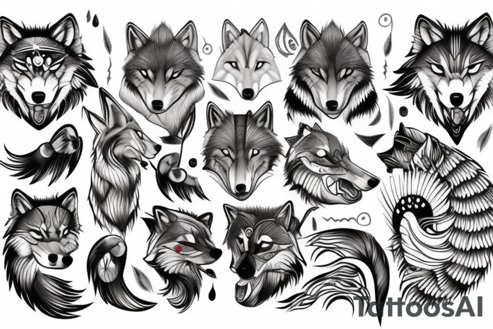 Japanese style wolf mixed with nordic style wolf tattoo idea