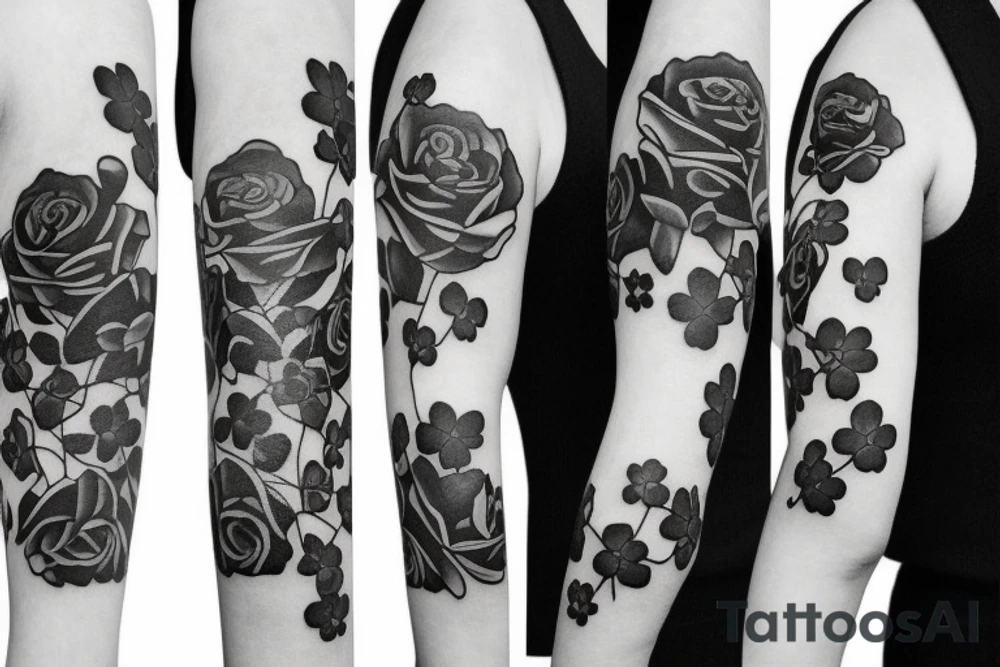 I want a mostly black sleeve with white roses and green clover tattoo idea